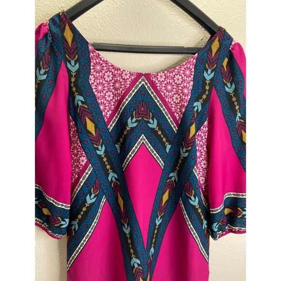 Pink Owl Women Fuchsia Abstract Print Boat Neck Three Quarter Sleeve Dress Sz M - Picture 3 of 7